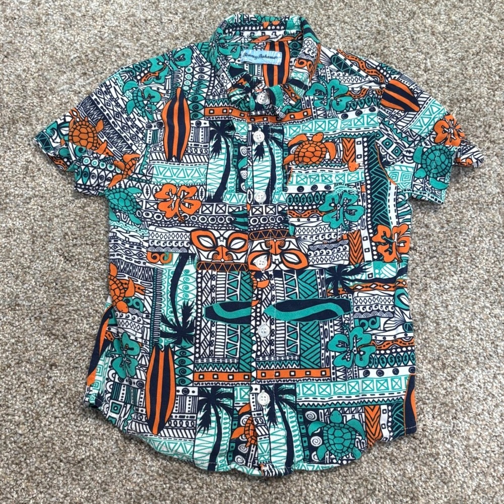 Tommy Bahama Button Down Shirt Toddler Boys 3T Tropical Surf Print Teal Orange